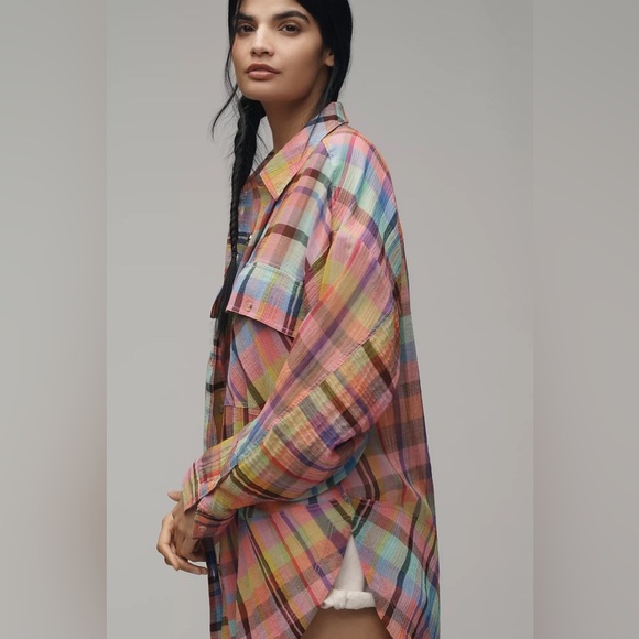 NWT Pilcro XXS/XS Long-Sleeve Mixed Madras Plaid Oversized Buttondown Shirt - Picture 4 of 15